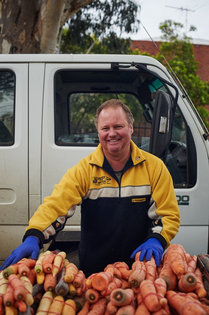 David Tatman of Spring Creek Organics at Flemington Farmers' Market, with his fresh colourful organic carrots